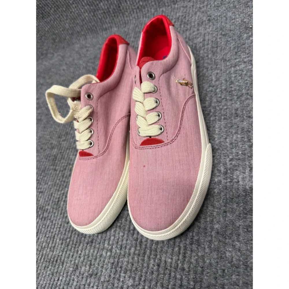 Polo Ralph Lauren Pink Seersucker‎ Canvas Low Top Sneakers Red Trim Mens 10.5